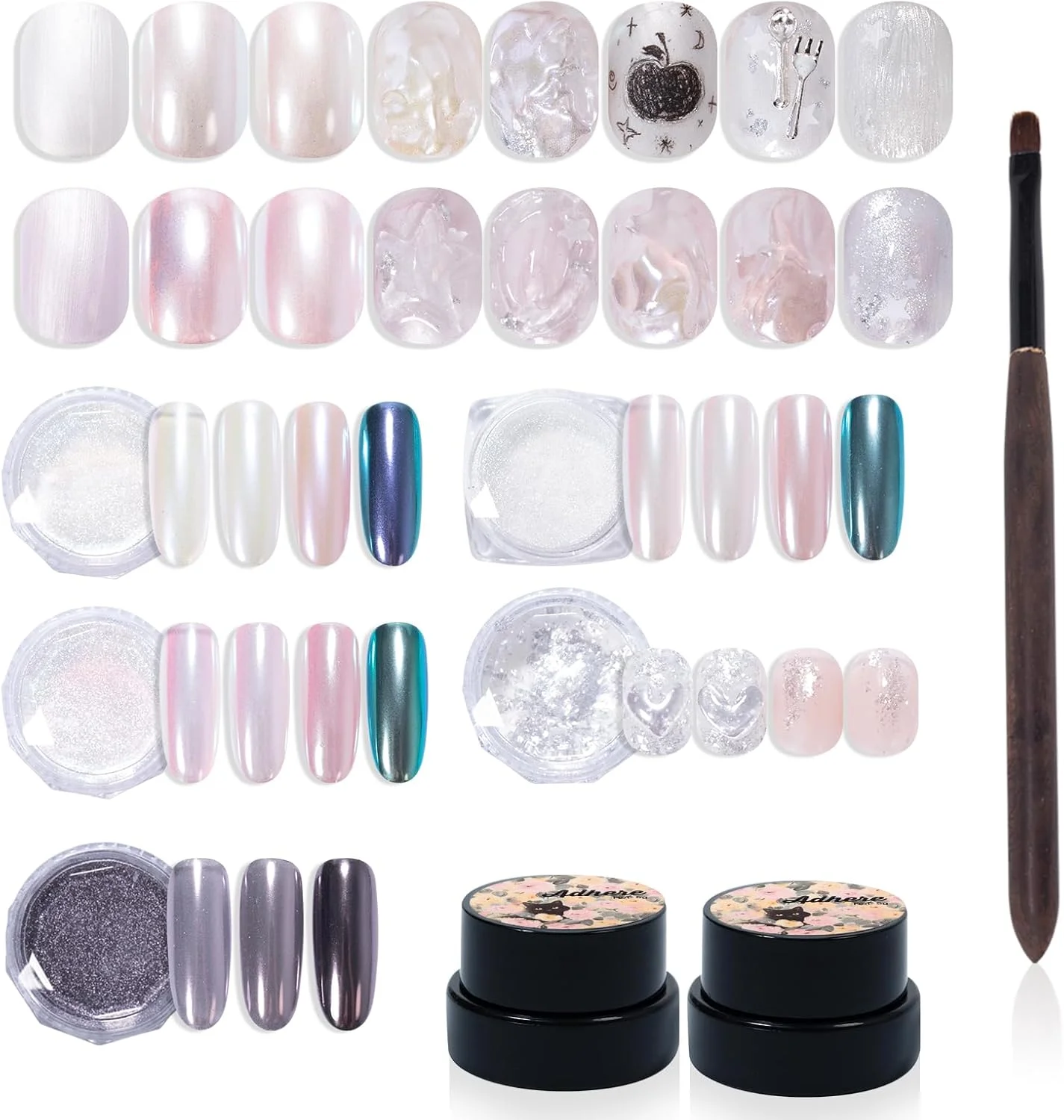 مجموعه ۷ عددی سری مروارید ADHERE، ۲ عدد ژل مرواریدی ۱۲ میلی لیتری + ۳ پودر کروم + ۱ پودر کروم آینه ای بنفش تیره + ۱ اکلیل، درخشش هولوگرافیک و روکش مرواریدی و درخشش متالیک آینه ای مجموعه ۷ عددی سری مروارید ADHERE، ۲ عدد ژل مرواریدی ۱۲ میلی لیتری + ۳ پودر کروم + ۱ پودر کروم آینه ای بنفش تیره + ۱ اکلیل، درخشش هولوگرافیک و روکش مرواریدی و درخشش متالیک آینه ای