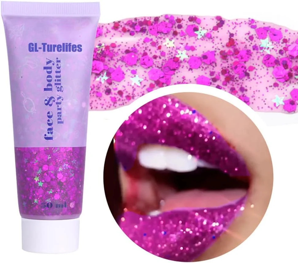 سایه چشم مایع اکلیلی حجیم GL-Turelifes 50ml، ژل اکلیلی بدن، لوازم آرایشی اکلیلی جشنواره، آرایش صورت، مو، ناخن، ماندگاری طولانی، براق، استفاده آسان، پاک کردن آسان (#04 بنفش)