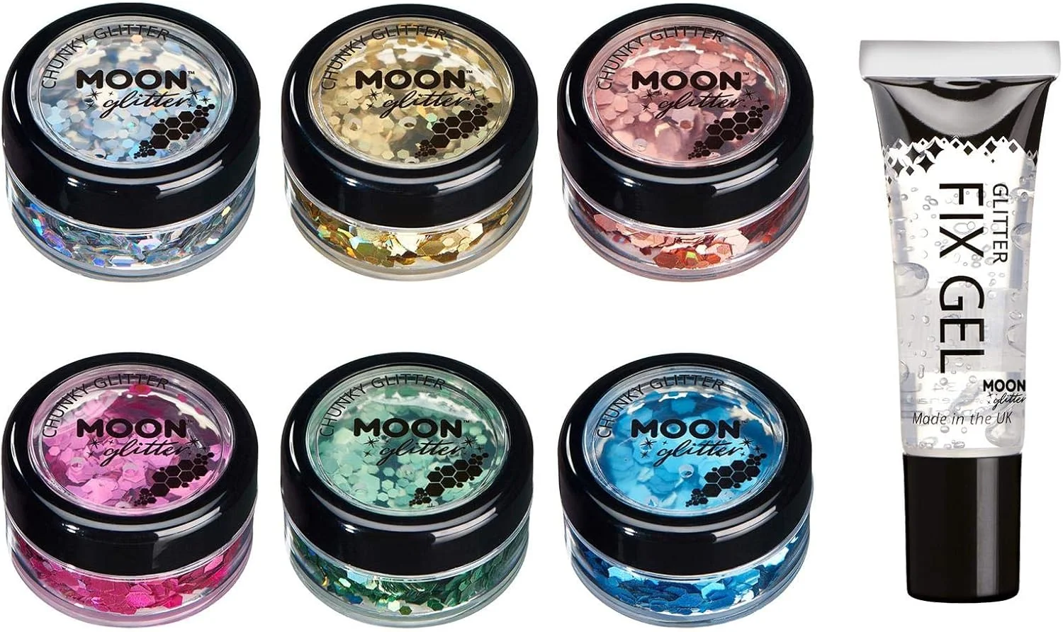 اکلیل هولوگرافیک درشت مون گلیتر - مجموعه 6 رنگ + ژل فیکس - اکلیل آرایشی برای صورت، بدن، ناخن، مو، لب - 3 گرم اکلیل هولوگرافیک درشت مون گلیتر - مجموعه 6 رنگ + ژل فیکس - اکلیل آرایشی برای صورت، بدن، ناخن، مو، لب - 3 گرم