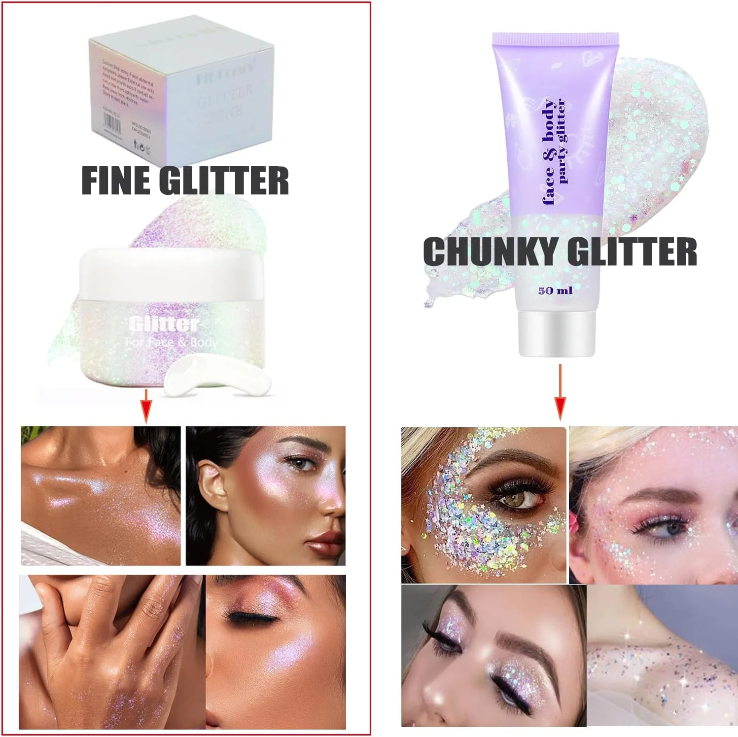 ست دو عددی اکلیل بدن سفید، اکلیل هولوگرافیک بدن اکلیل ریز 50 میلی لیتر + اکلیل درشت پری دریایی درخشان صورت 50 میلی لیتر برای صورت، چشم، لب، بدن، مو و ناخن (سفید ریز + سفید درشت)