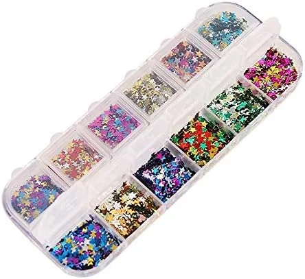 جعبه 12 خانه ای پولک ناخن طرح ستاره ای سه بعدی، لوازم جانبی طراحی ناخن جعبه 12 خانه ای پولک ناخن طرح ستاره ای سه بعدی، لوازم جانبی طراحی ناخن