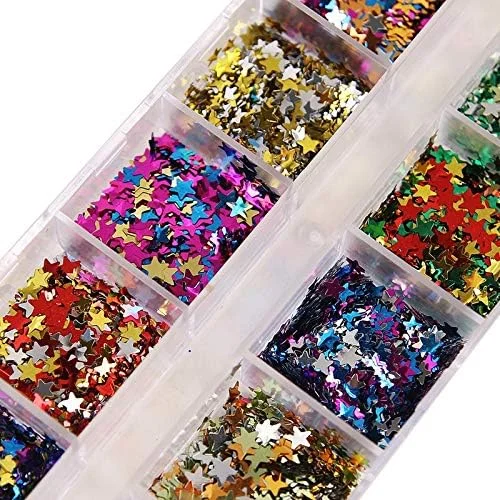 جعبه 12 خانه ای پولک ناخن طرح ستاره ای سه بعدی، لوازم جانبی طراحی ناخن