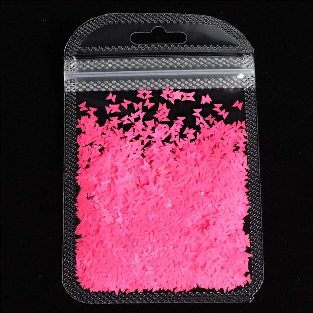 ۹ رنگ پروانه سه بعدی فلورسنت، پولک های اکلیلی ناخن، پولک های قلبی شکل، برچسب های ناخن اکریلیک، پولک های مانیکور (صورتی)