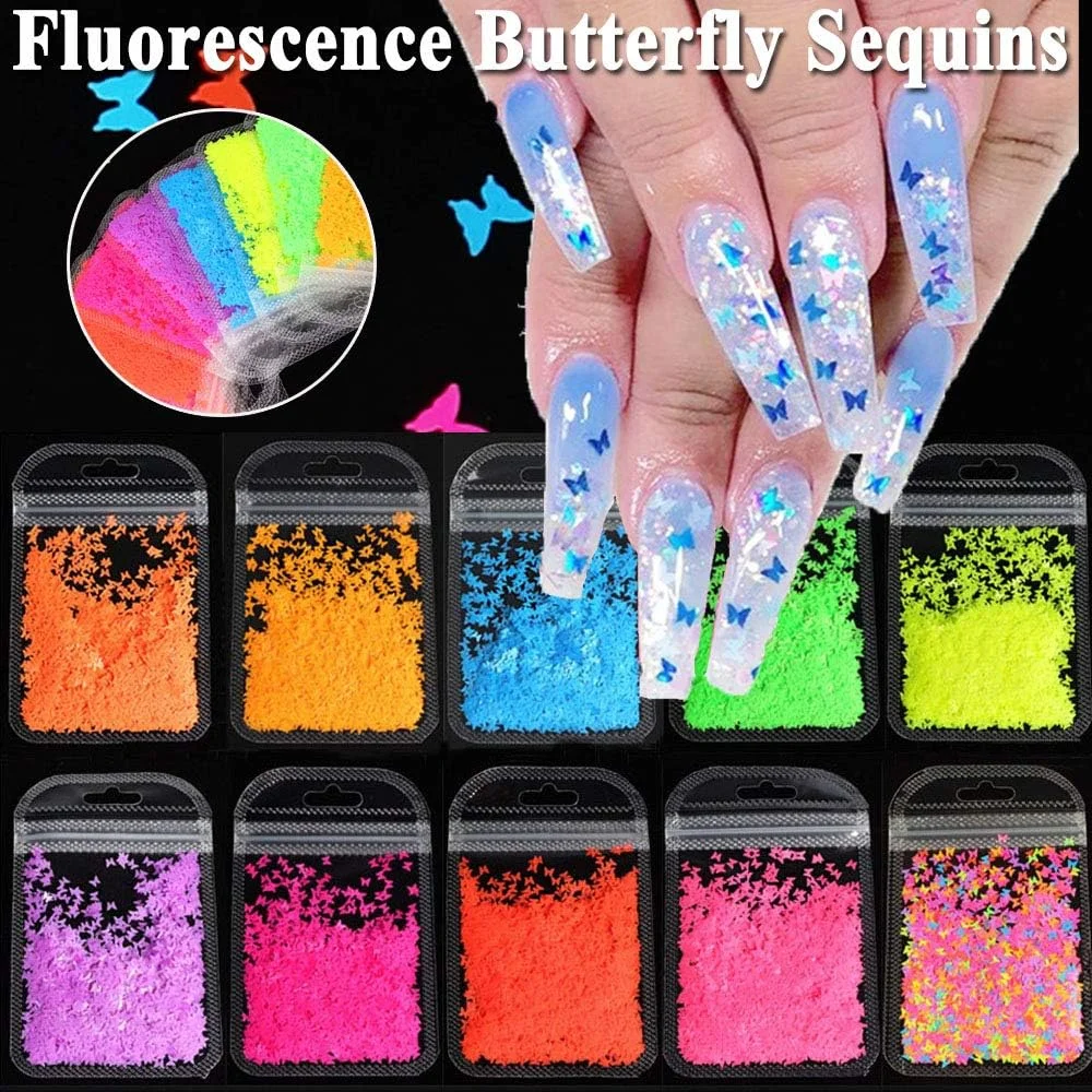 ۹ رنگ پروانه سه بعدی فلورسنت، پولک های اکلیلی ناخن، پولک های قلبی شکل، برچسب های ناخن اکریلیک، پولک های مانیکور (صورتی)