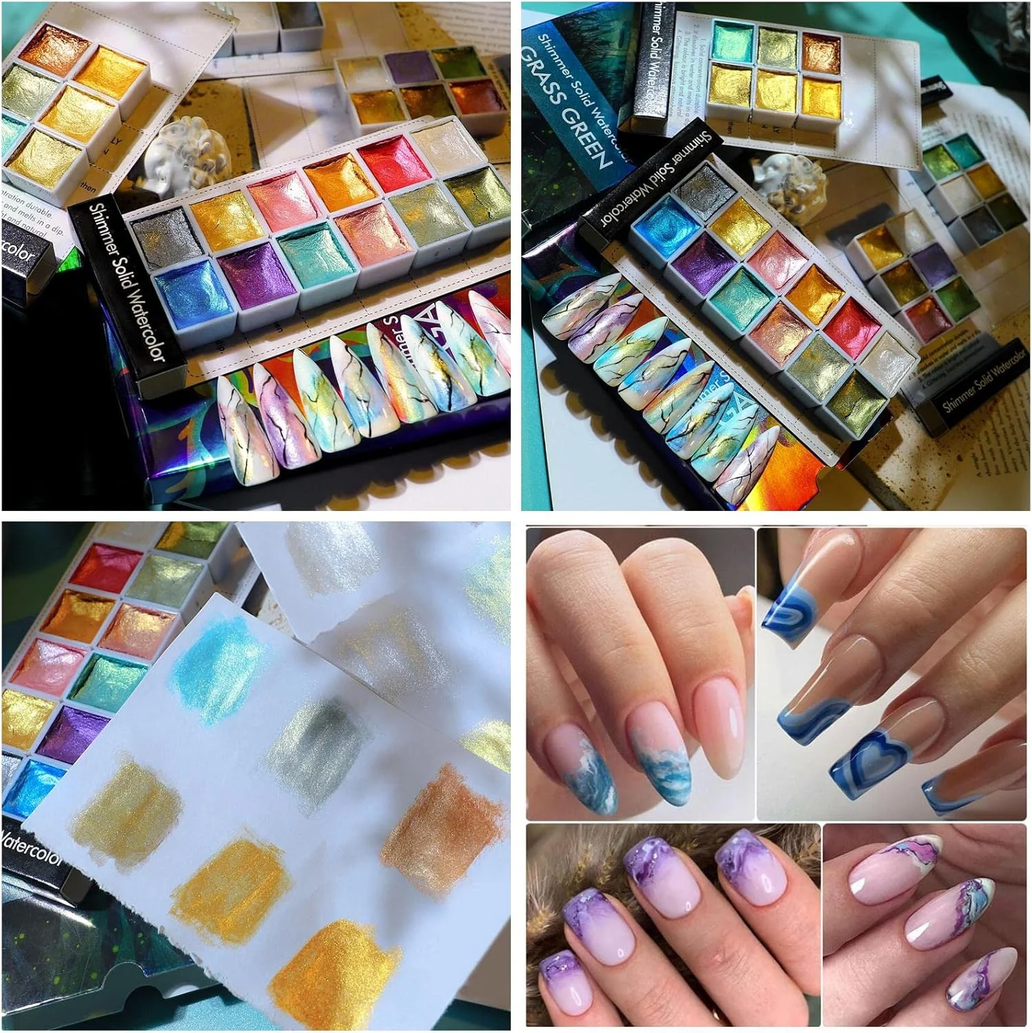 پالت نقاشی آبرنگ جامد اکلیلی و براق با 6 رنگ متنوع، ست جیبی مسافرتی، رنگدانه های طراحی ناخن DIY، استفاده آسان روی ناخن های طبیعی و مصنوعی - 01