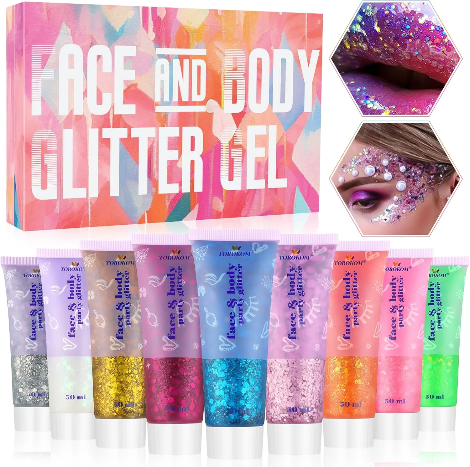 ژل اکلیلی صورت و بدن تروکوم 9 رنگ، ژل اکلیلی هولوگرافیک درخشان، پولک های اکلیلی آرایشی پری دریایی، اکلیل های درشت ماندگار برای جشنواره موسیقی، اکلیل چشم، لب، مو، ناخن، بدن