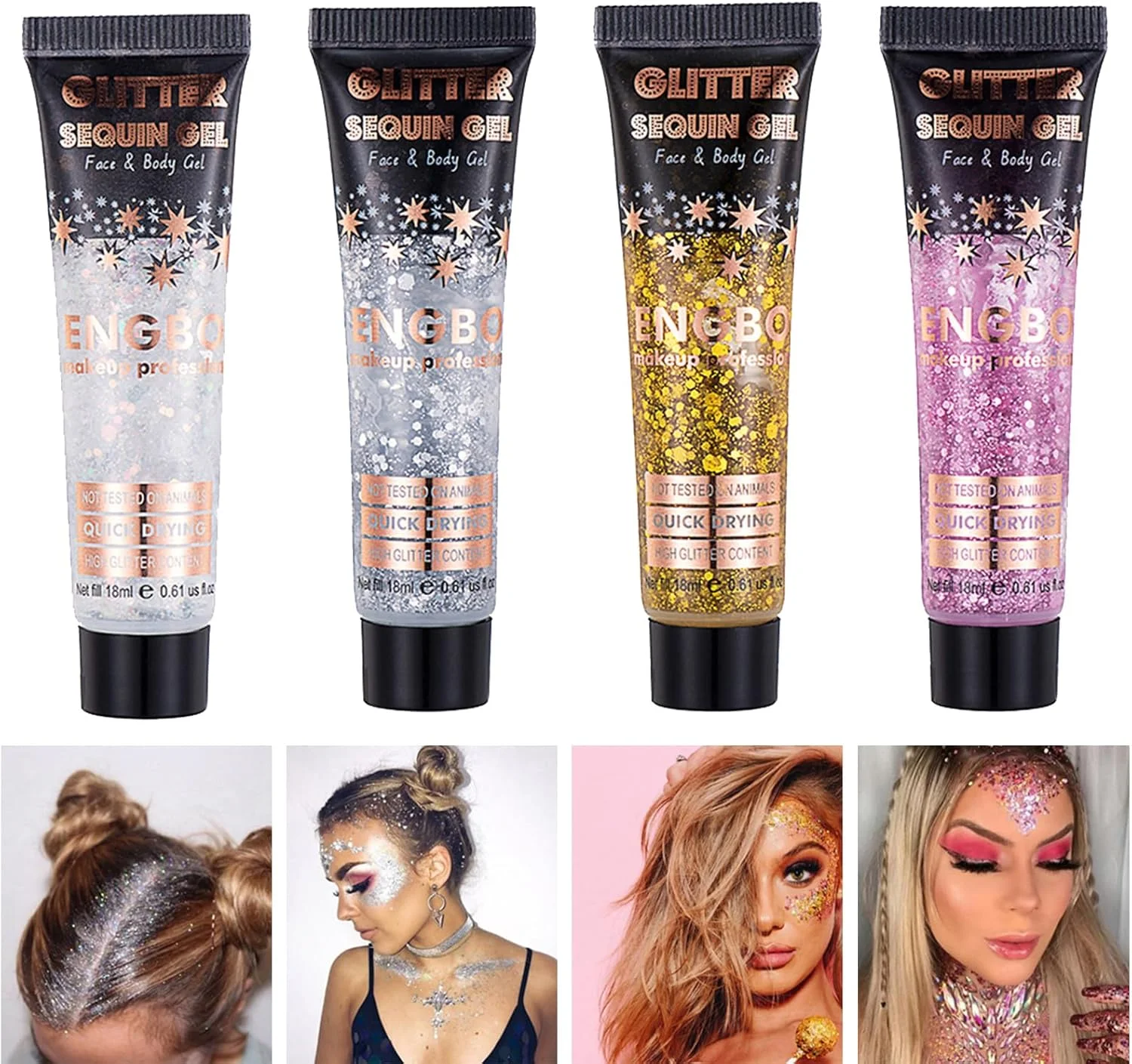 ژل اکلیلی صورت و بدن، بسته چهارتایی ژل اکلیلی طلایی بدن، اکلیل صورت برای مو، ناخن، آرایش صورت، اکلیل بدن، ژل بدن، پولک، سایه چشم مایع براق