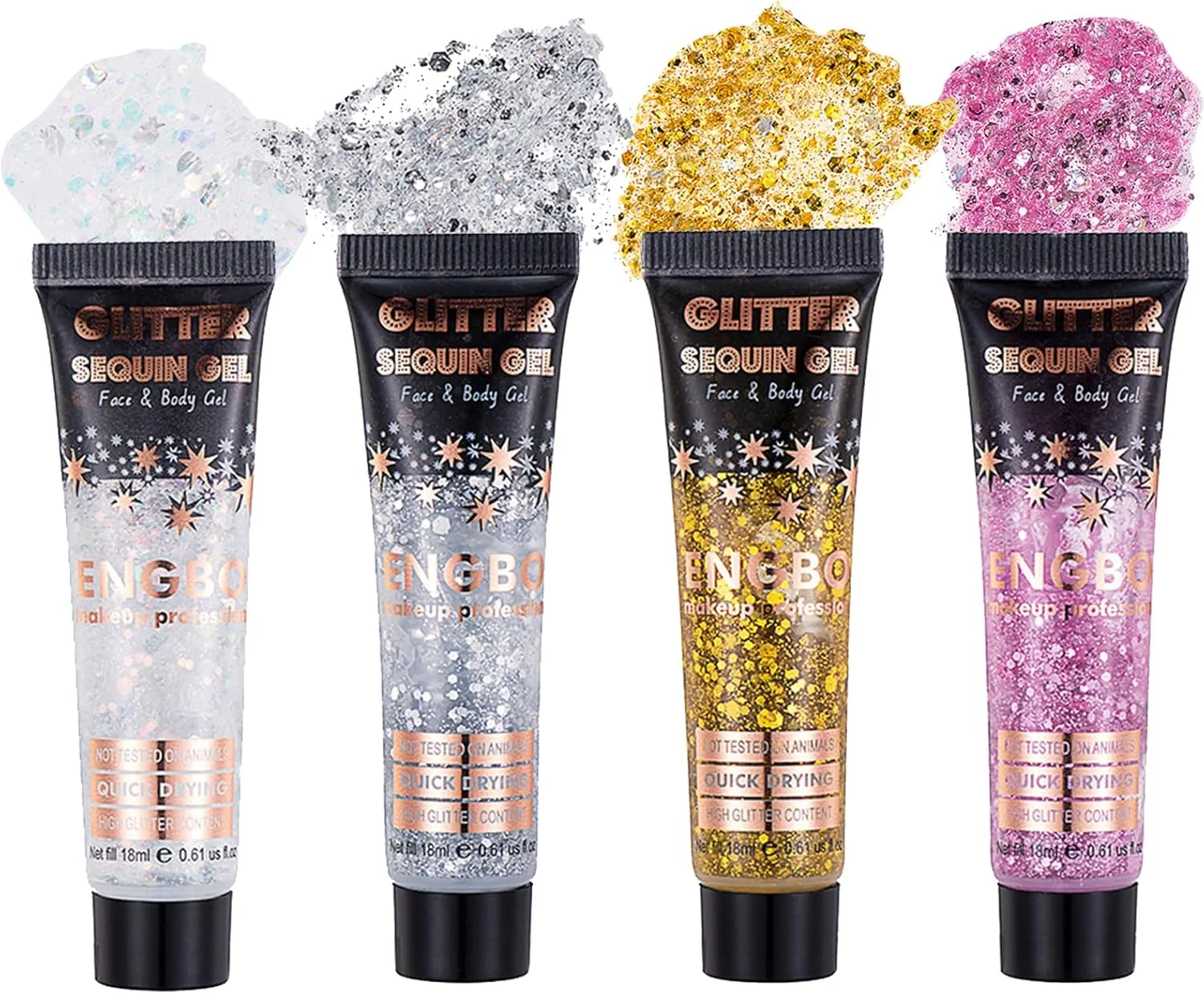 ژل اکلیلی صورت و بدن، بسته چهارتایی ژل اکلیلی طلایی بدن، اکلیل صورت برای مو، ناخن، آرایش صورت، اکلیل بدن، ژل بدن، پولک، سایه چشم مایع براق