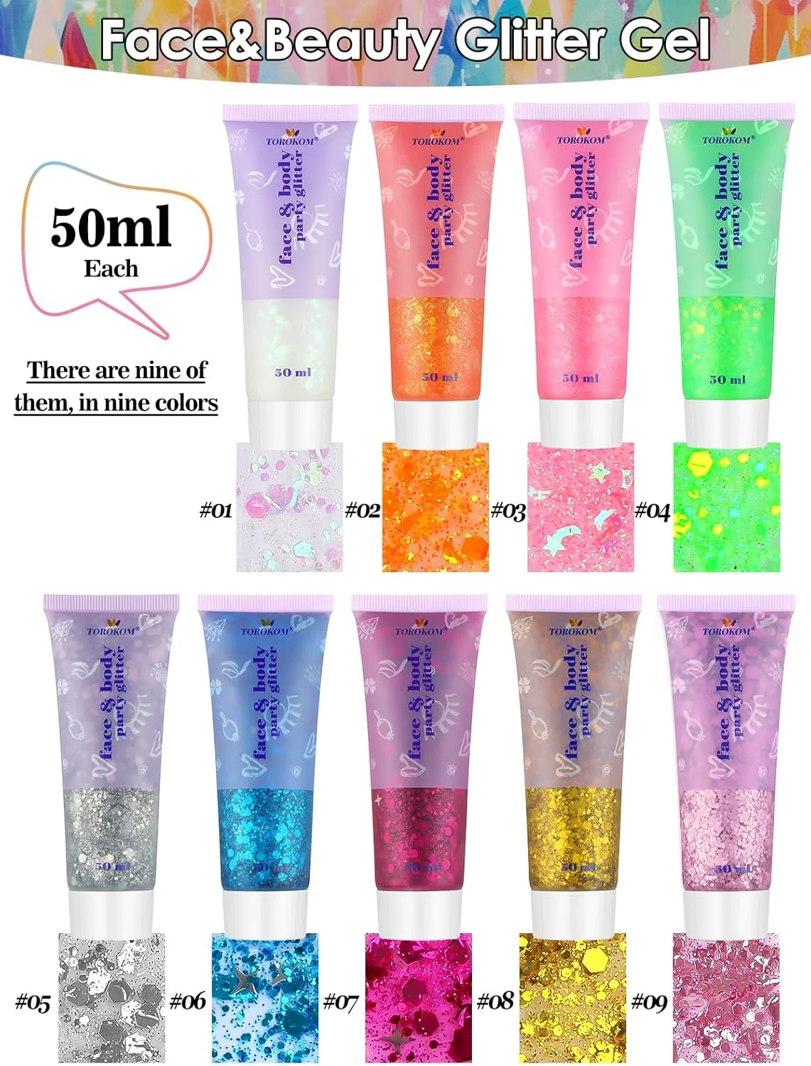 ژل اکلیلی صورت و بدن تروکوم 9 رنگ، ژل اکلیلی هولوگرافیک درخشان، پولک های اکلیلی آرایشی پری دریایی، اکلیل های درشت ماندگار برای جشنواره موسیقی، اکلیل چشم، لب، مو، ناخن، بدن