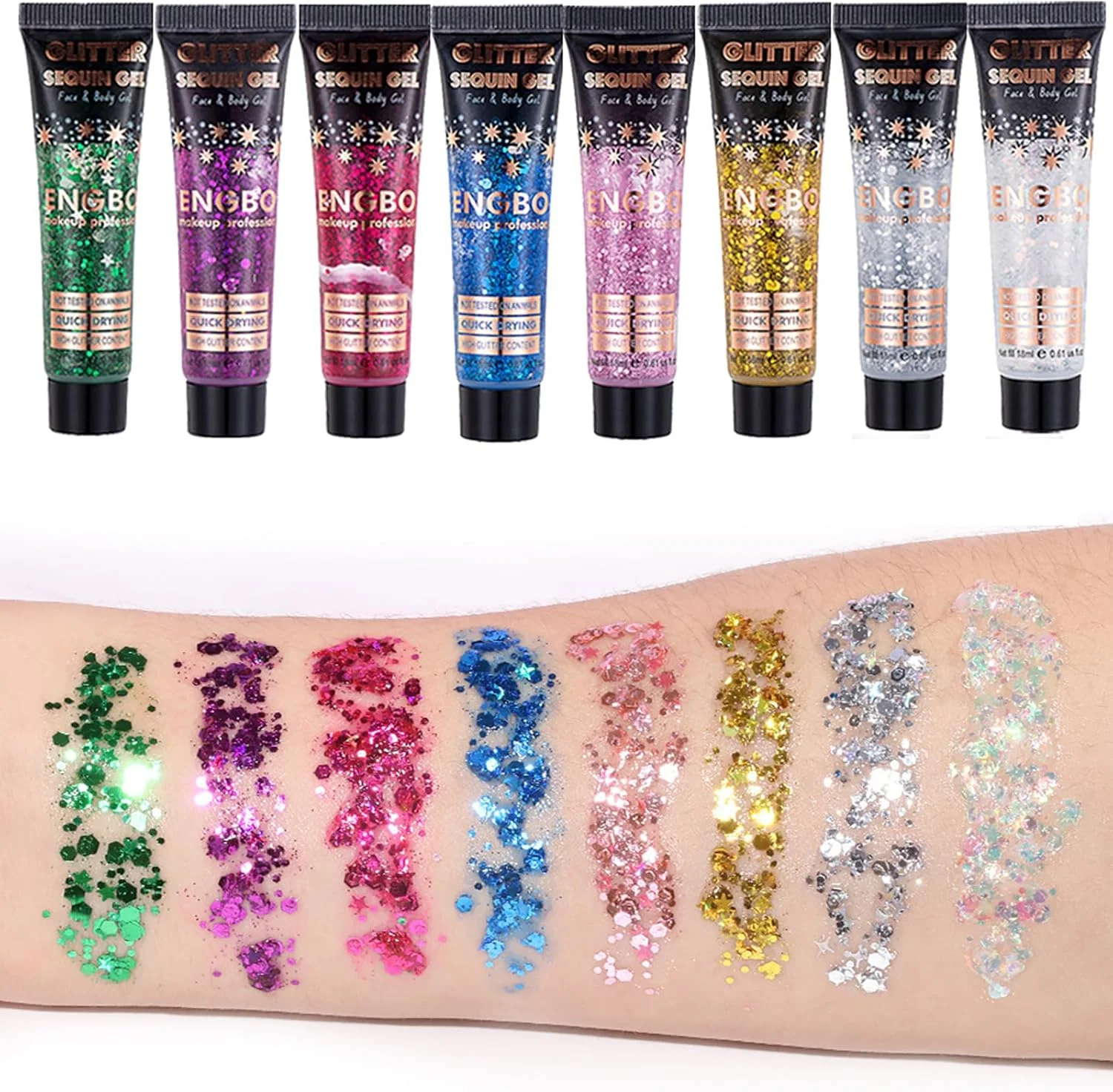 ژل اکلیلی صورت و بدن، بسته چهارتایی ژل اکلیلی طلایی بدن، اکلیل صورت برای مو، ناخن، آرایش صورت، اکلیل بدن، ژل بدن، پولک، سایه چشم مایع براق