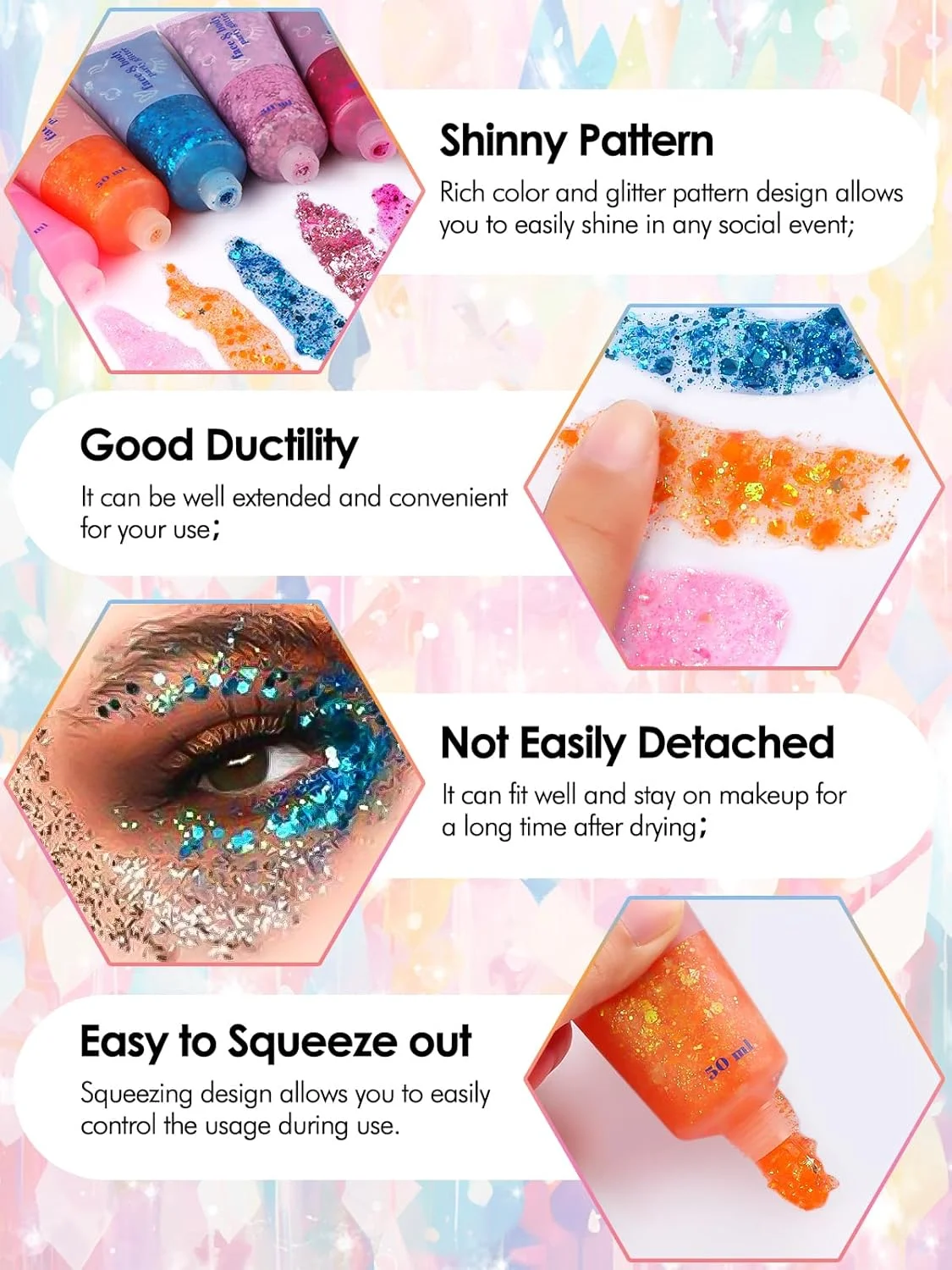 ژل اکلیلی صورت و بدن تروکوم 9 رنگ، ژل اکلیلی هولوگرافیک درخشان، پولک های اکلیلی آرایشی پری دریایی، اکلیل های درشت ماندگار برای جشنواره موسیقی، اکلیل چشم، لب، مو، ناخن، بدن