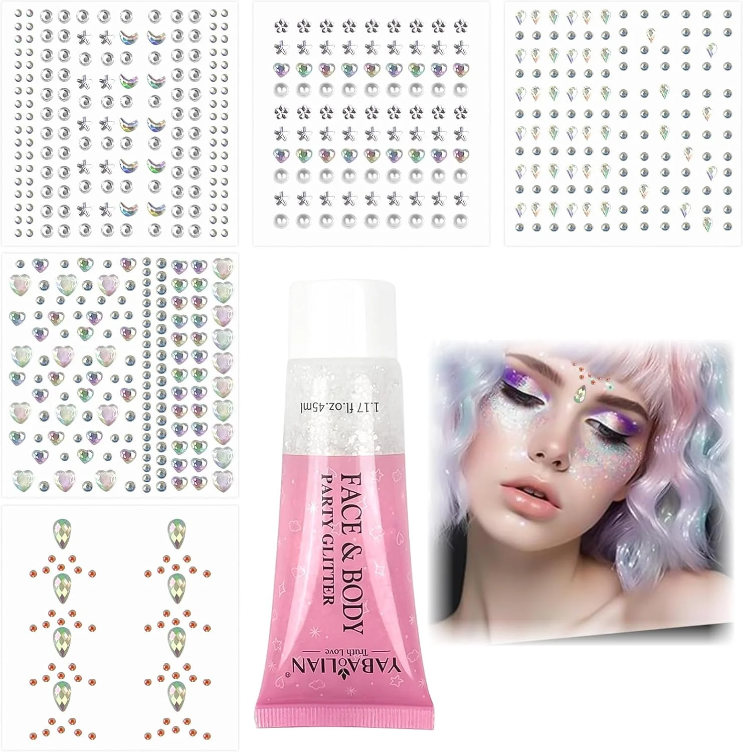 ست سنگ های اکلیلی صورت چسب دار - 617 قطعه سنگ های بدلی اکلیلی و 45 میلی لیتر ژل اکلیلی صورت، مناسب برای جشن ها و مهمانی ها، آرایش صورت، بدن، ناخن ها و لب ها (سفید)