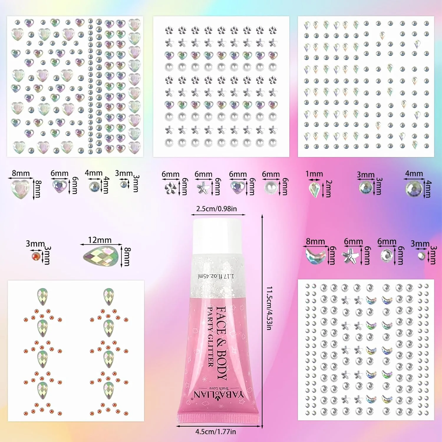 ست سنگ های اکلیلی صورت چسب دار - 617 قطعه سنگ های بدلی اکلیلی و 45 میلی لیتر ژل اکلیلی صورت، مناسب برای جشن ها و مهمانی ها، آرایش صورت، بدن، ناخن ها و لب ها (سفید)