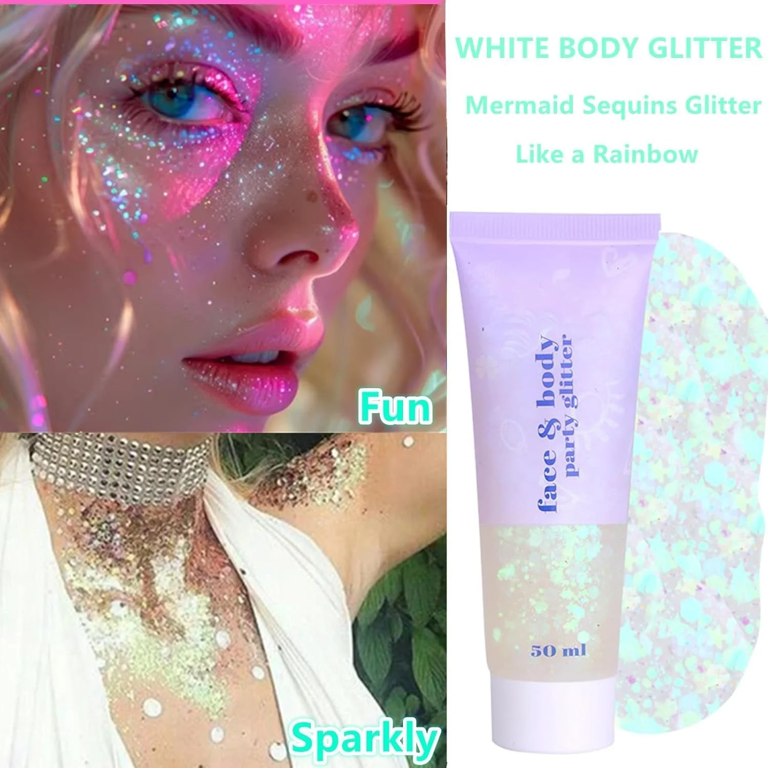 اکلیل بدن سفید شفاف، پولک های اکلیلی درشت هولوگرافیک، درخشش ماندگار، برای لب، ناخن، سایه چشم و مو