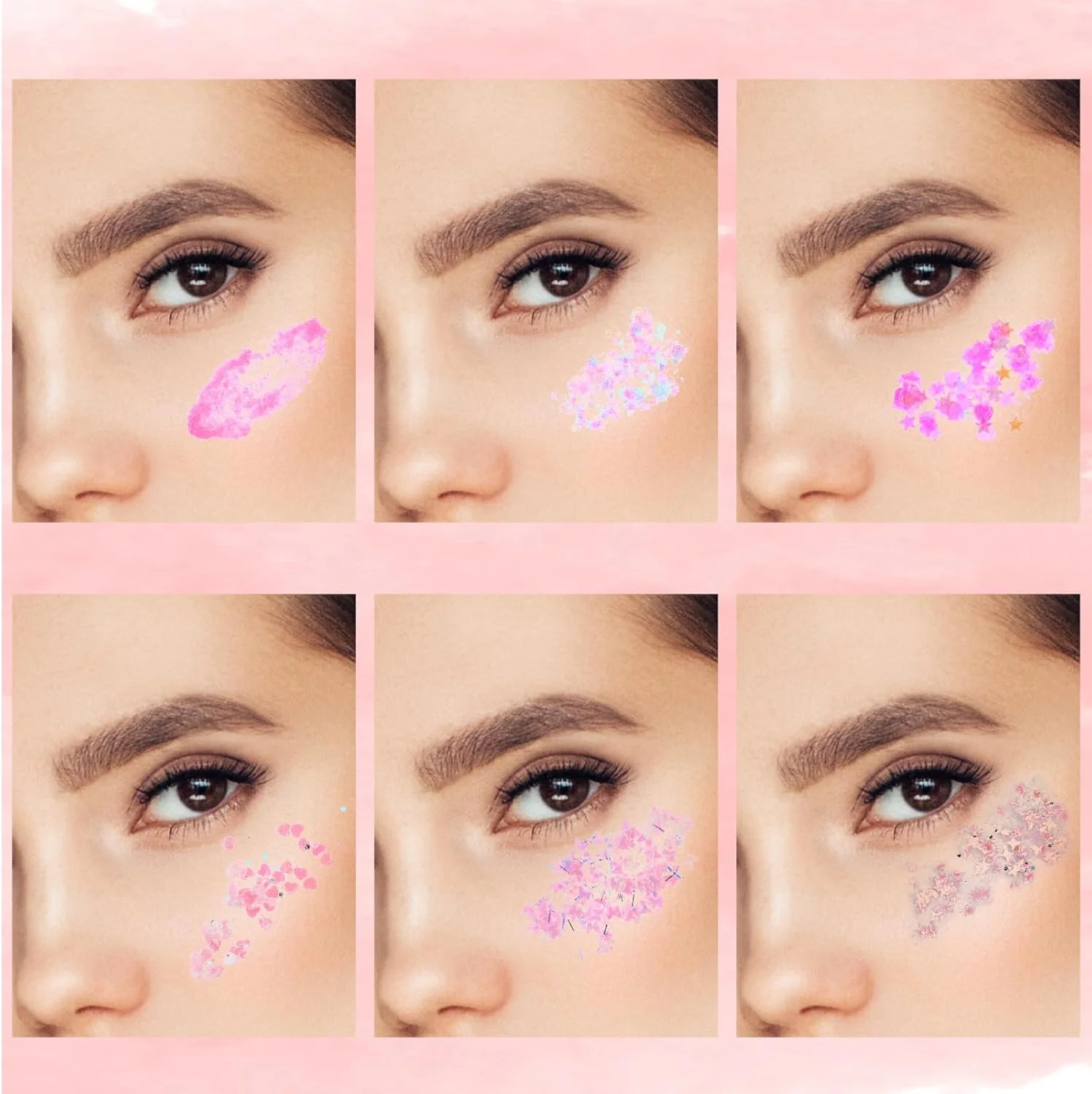 ژل اکلیلی بدن لوسوفی، 6 عددی، اکلیل ستاره ای و قلبی صورتی، اکلیل هولوگرافیک صورت، اکلیل مو، اکلیل ترکیبی آرایشی، سایه چشم اکلیلی برای صورت، بدن، مو، ناخن، لب، مهمانی و جشنواره