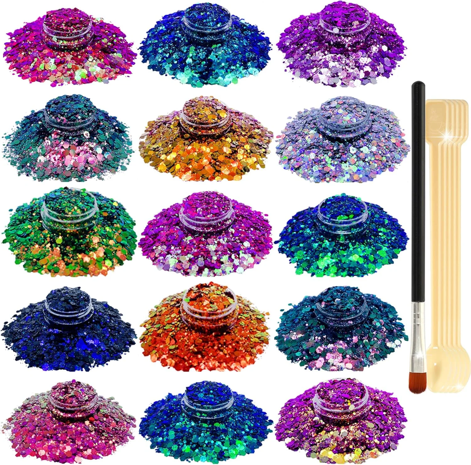 اکلیل ۱۵ رنگ ۱۳۰ گرمی هولوگرافیک درشت آرایشی آفتاب‌پرست پولک برای آرایش بدن مو هنر ناخن اسلایم رزین با برس ۵ قاشق