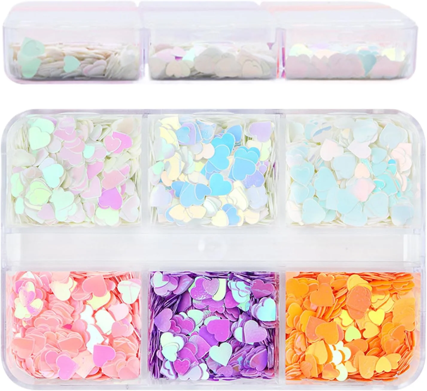 پولک های اکلیلی ناخن - 6 محفظه برچسب های اکلیلی قلبی، هنر طراحی ناخن ژاپنی، تزئینات پولکی هولوگرافیک برای دفترچه خاطرات و مسافرت