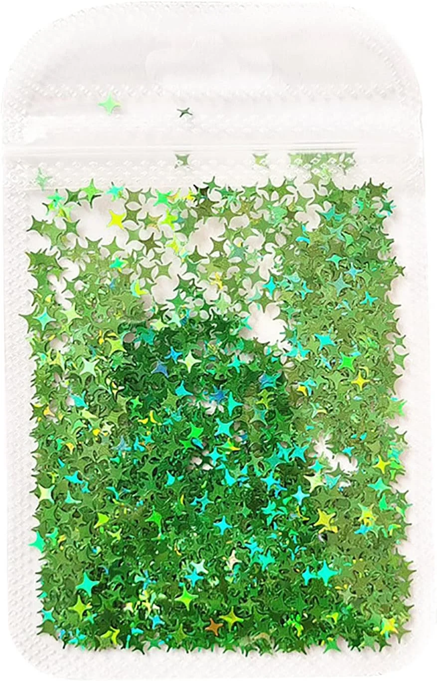 پولک های اکلیلی ناخن سه بعدی طرح ستاره، پولک های هولوگرافیک ناخن، پولک های درخشان ناخن طرح ستاره برای طراحی ناخن خانم ها و دختران (سبز)