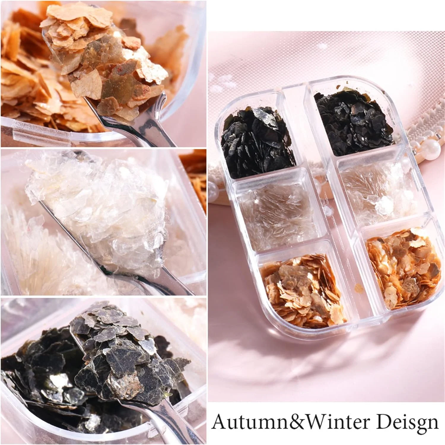 یک جعبه پولک طراحی ناخن، پودر طراحی ناخن، اکلیل ناخن، فویل پولک ناخن، تکه های درشت، اکلیل ناخن، تزئینات ناخن، فویل گل میخ ناخن آفتاب پرست چند رنگ برای طراحی ناخن