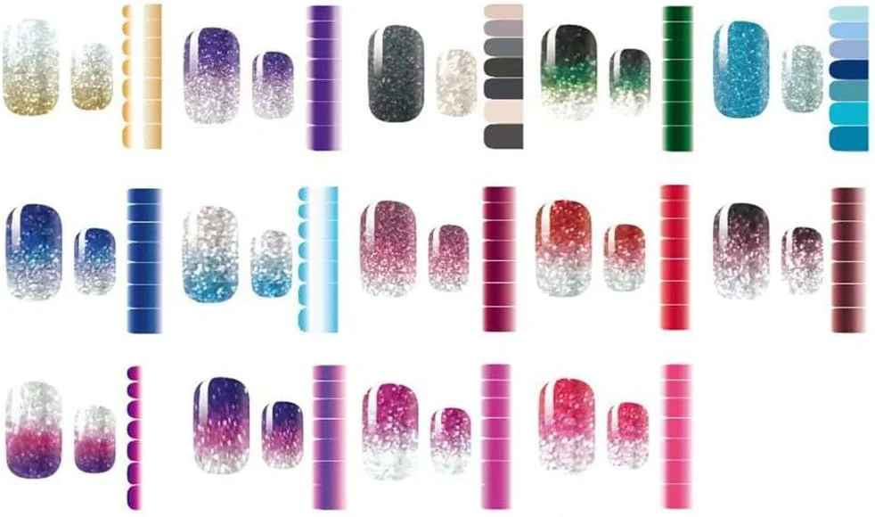 برچسب های ناخن پودری اکلیلی با طیف رنگی، هنر طراحی ناخن DIY، برچسب های آبی کاربردی و محبوب