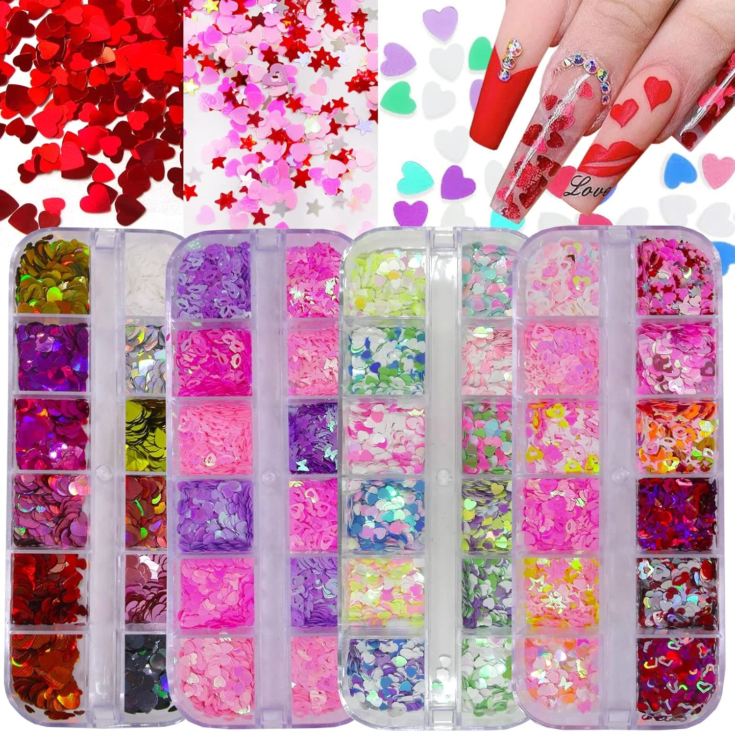 مجموعه 4 جعبه پولک های اکلیلی ناخن رنگین کمانی طرح قلب، ستاره و پروانه، لوازم جانبی مانیکور برچسب پولک برای ناخن های اکریلیک/رزین/کاردستی/آرایش