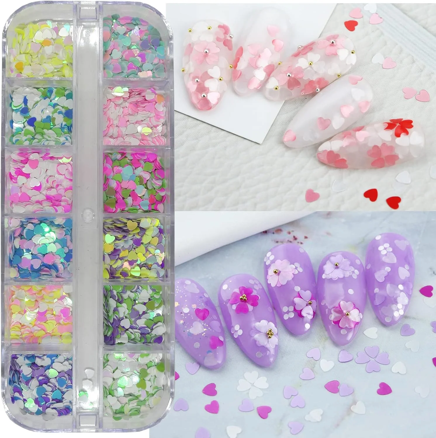 مجموعه 4 جعبه پولک های اکلیلی ناخن رنگین کمانی طرح قلب، ستاره و پروانه، لوازم جانبی مانیکور برچسب پولک برای ناخن های اکریلیک/رزین/کاردستی/آرایش
