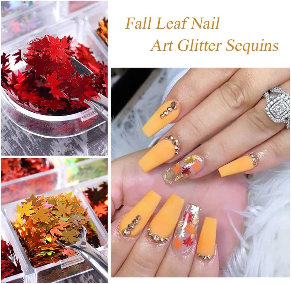 اکلیل ناخن سه بعدی طرح برگ پاییزی Totelux، پولک های براق لیزری برگ افرا، 6 رنگ پولک ناخن هولوگرافیک پاییزی برای تزئین ناخن، کاردستی DIY