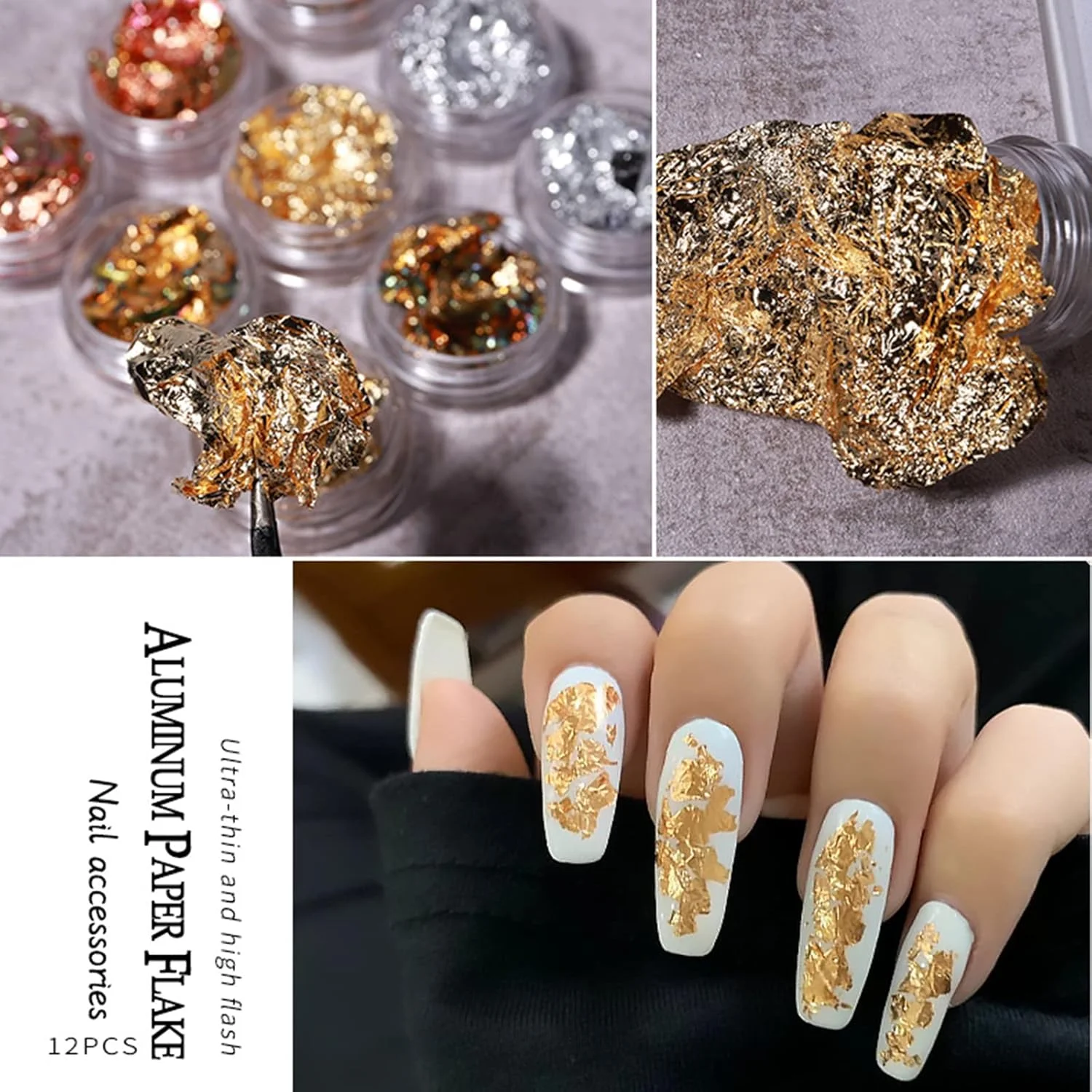 ۱۲ جعبه فویل تزئینی ناخن طلایی، نقره ای و مسی