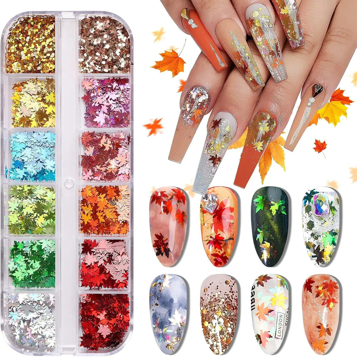 اکلیل ناخن طرح برگ پاییزی ایبانکو، 12 رنگ، پولک سه بعدی برگ افرا پاییزی، طراحی ناخن لیزری طرح برگ افرا گرد، مناسب برای طراحی ناخن دخترانه، قالب رزین DIY