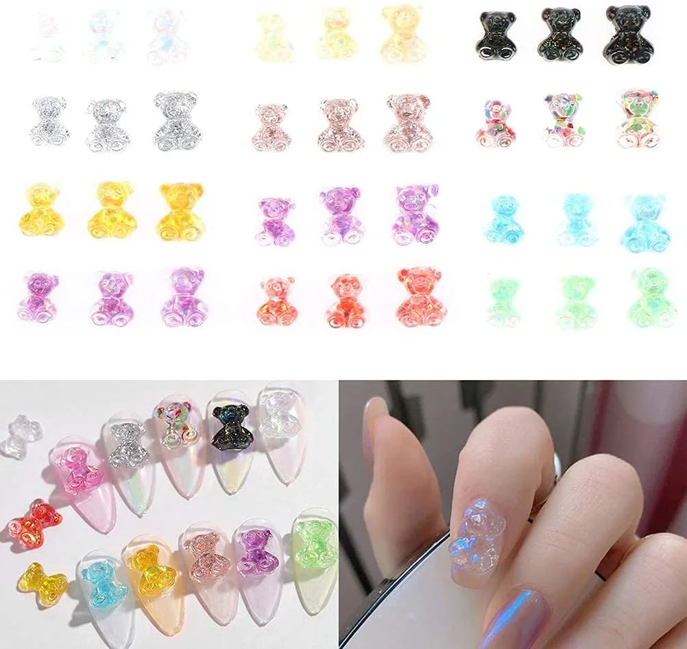 نگین ناخن خرسی سه بعدی اکلیلی رزینی 6 عددی، طراحی ناخن دست ساز رنگارنگ