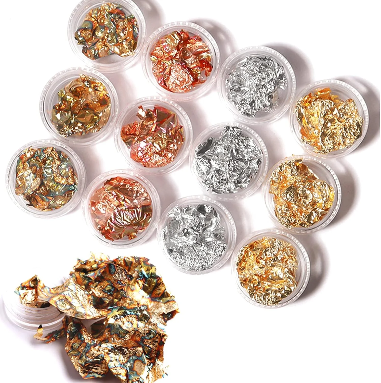 ۱۲ جعبه ورق تزئینی ناخن طلایی، نقره ای و مسی