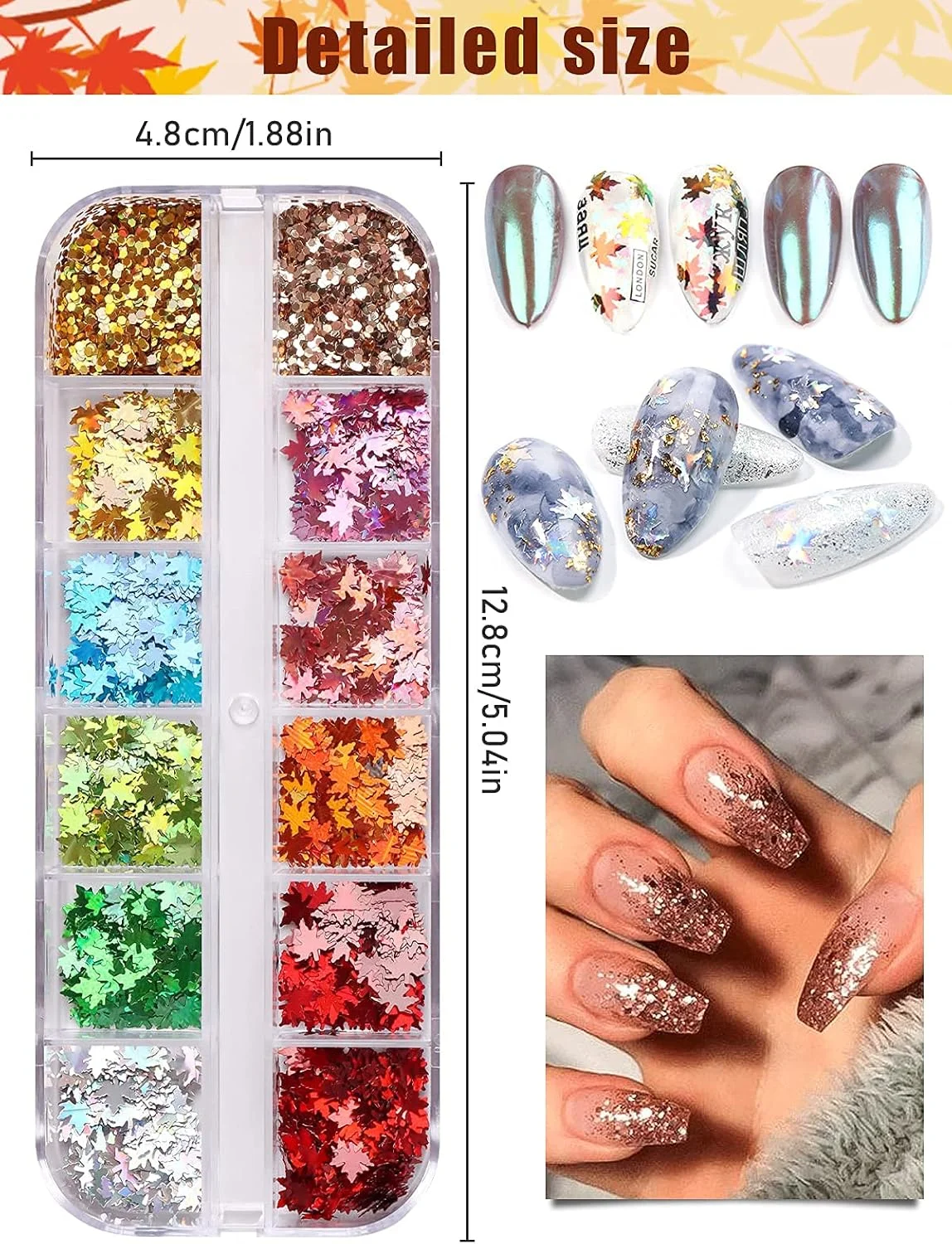 اکلیل ناخن طرح برگ پاییزی ایبانکو، 12 رنگ، پولک سه بعدی برگ افرا پاییزی، طراحی ناخن لیزری طرح برگ افرا گرد، مناسب برای طراحی ناخن دخترانه، قالب رزین DIY