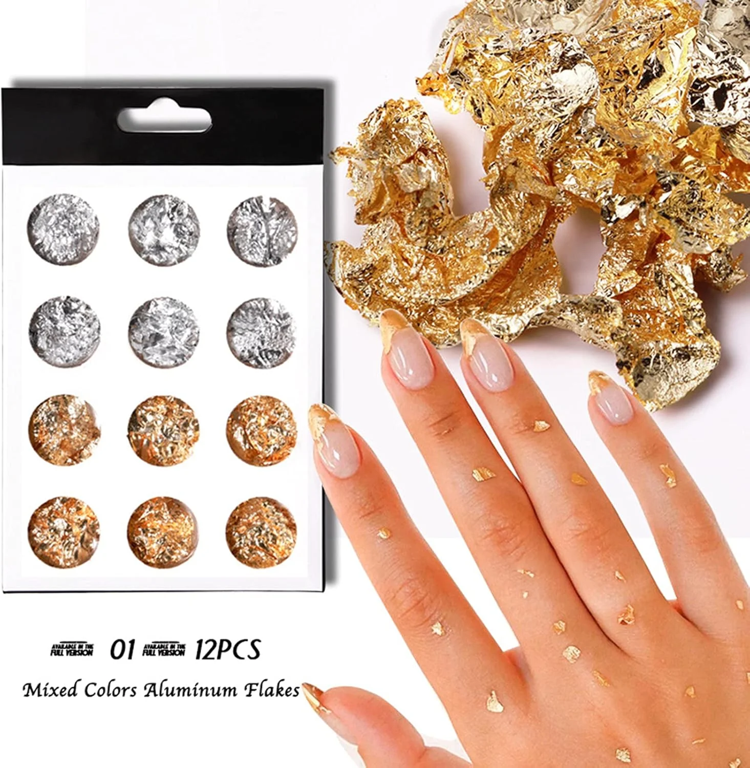 ۱۲ جعبه ورق تزئینی ناخن طلایی، نقره ای و مسی