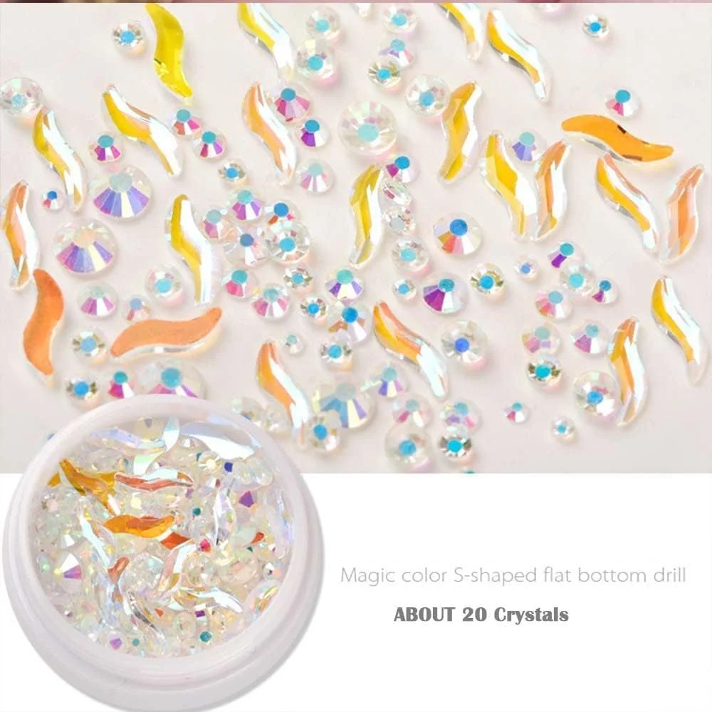 اکلیل ناخن، پولک، دانه های براق، ته صاف، اشکال نامنظم S، نگین، لوازم جانبی ناخن، استیکر سه بعدی ناخن، تزئینات ناخن