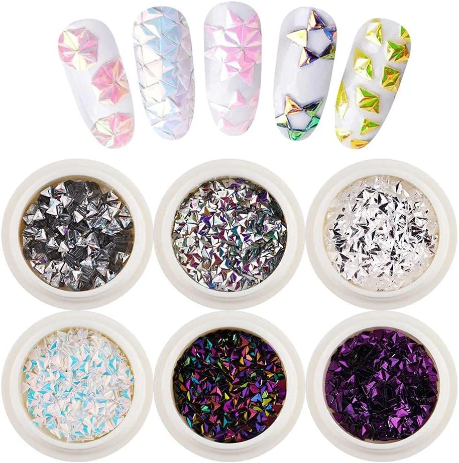 پولک ناخن، 6 جعبه پولک های براق رنگارنگ طراحی مثلثی برای طراحی ناخن و مانیکور