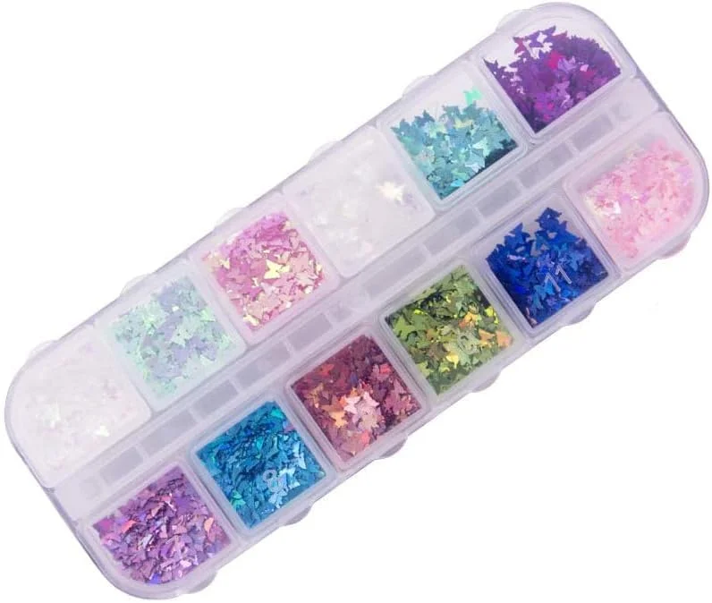 اکلیل ناخن پروانه ای 12 رنگ، پولک های هولوگرافیک برای آرایش چشم و مانیکور، اکلیل براق برای تزئینات DIY، غیر چسبنده برای استفاده آسان، سبک پرنسسی