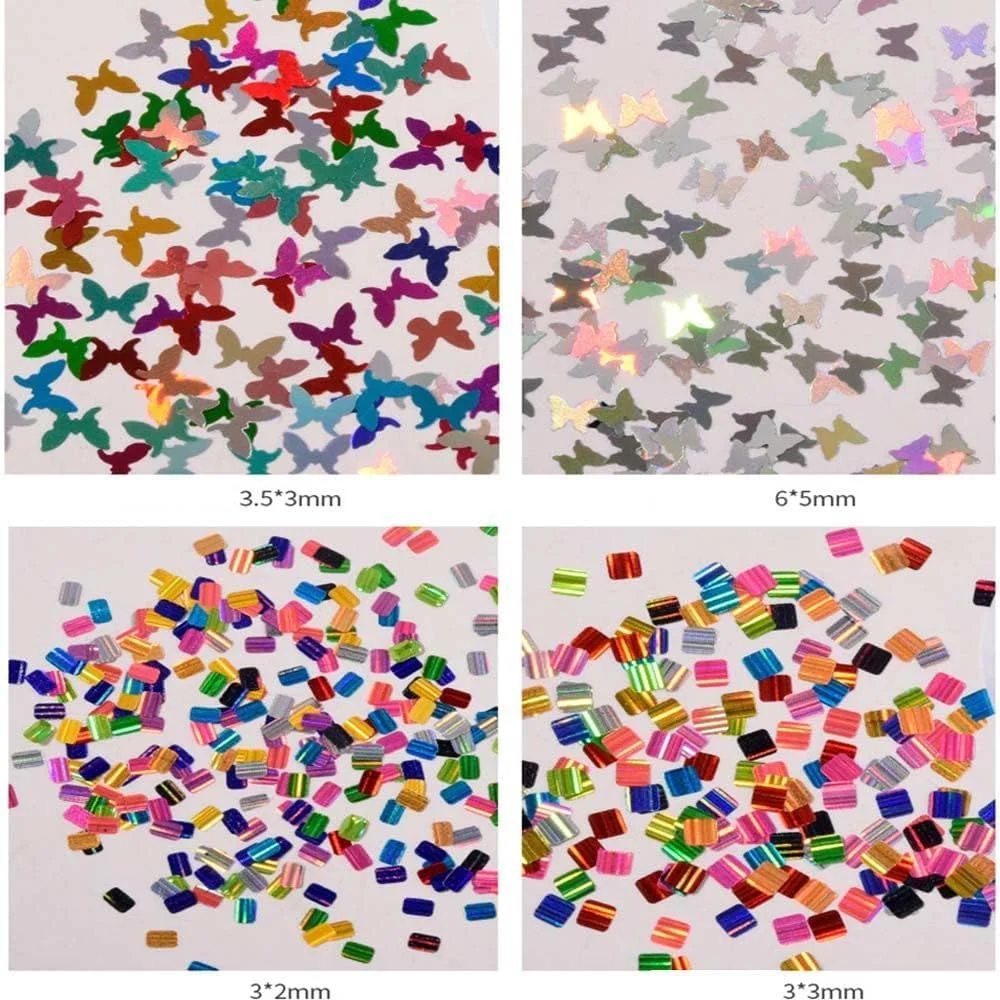 پولک های براق ناخن طرح مربع/مستطیل/نواری، برچسب های پولکی ناخن، تزیینات فوق العاده نازک ناخن برای طراحی ناخن آکریلیک (پروانه لیزری)