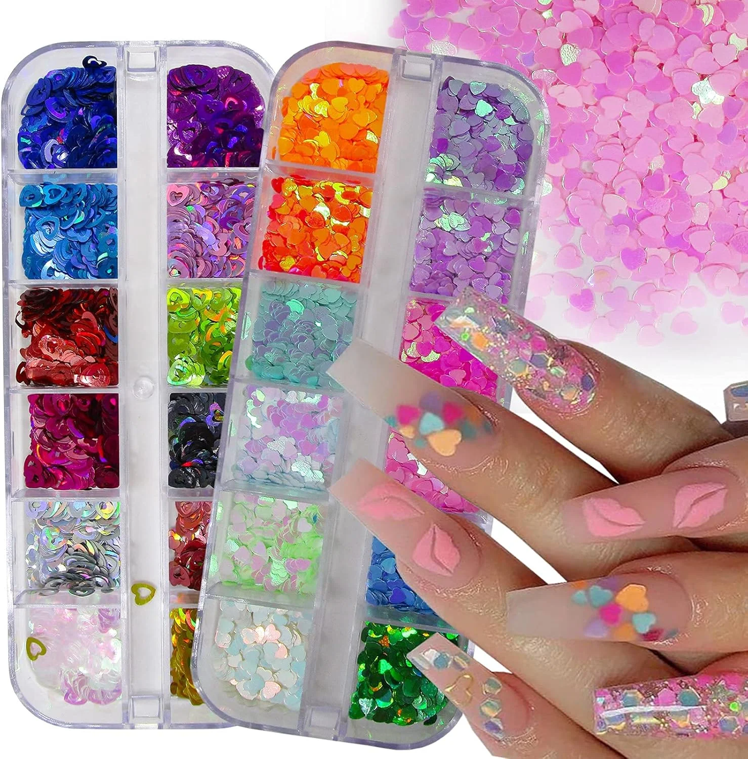 لاک فوراور، پولک های اکلیلی ناخن طرح قلب، 24 رنگ، پولک های درشت هولوگرافیک طرح قلب، کنفتی برای طراحی ناخن، کاردستی، رزین اپوکسی. (قلب)