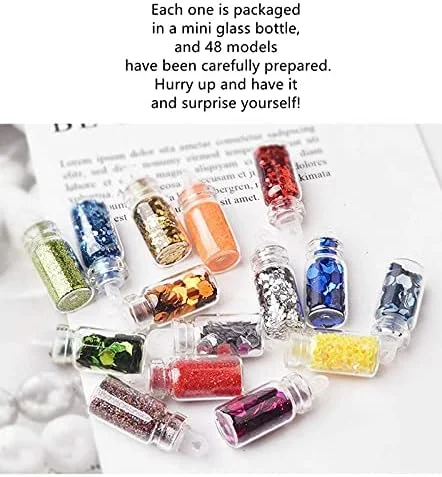 ست تزئین ناخن اکلیل هنری ناخن، مجموعه لوازم جانبی پولک ناخن 48 رنگ بطری شیشه ای برای زنان نوجوان، مناسب برای هنر ناخن/صنایع دستی/تلفن/لباس/کفش/کیف DIY