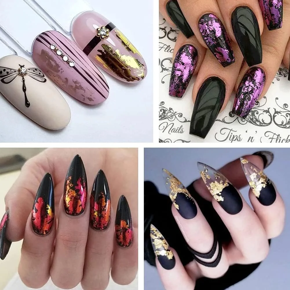 برچسب ناخن طرح طلا، تکه های فویل هنری ناخن، پولک های براق ناخن، برچسب فویل نامنظم هولوگرافیک، پولک های فویل براق سه بعدی، برچسب های طراحی رنگارنگ، لوازم پولک تزیین ناخن، 12 رنگ