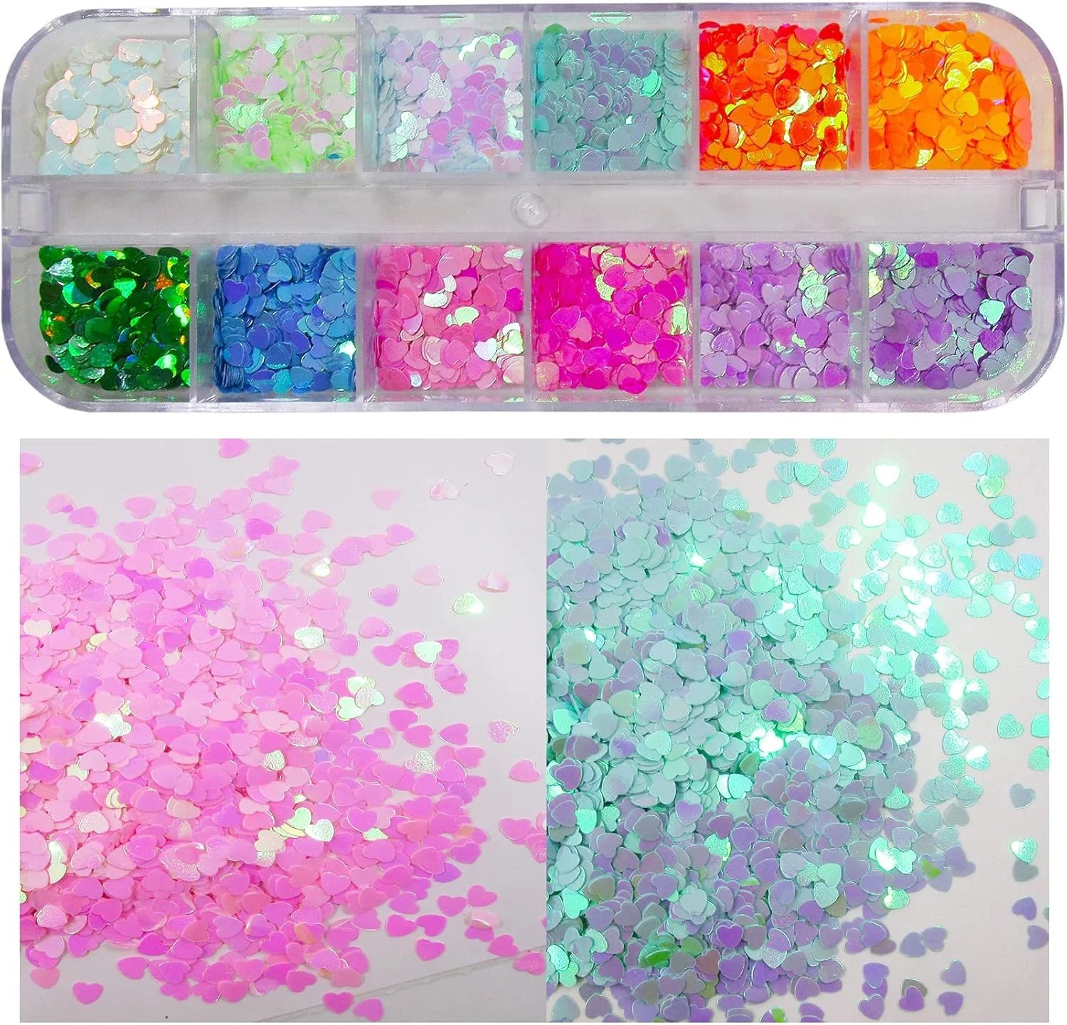 لاک فوراور، پولک های اکلیلی ناخن طرح قلب، 24 رنگ، پولک های درشت هولوگرافیک طرح قلب، کنفتی برای طراحی ناخن، کاردستی، رزین اپوکسی. (قلب)