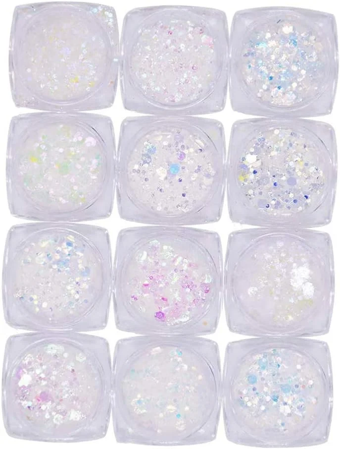 ۱۲ ظرف پولک اکلیلی ناخن، سایزهای مختلف، دانه های برف، درخشان، پالت هنر ناخن