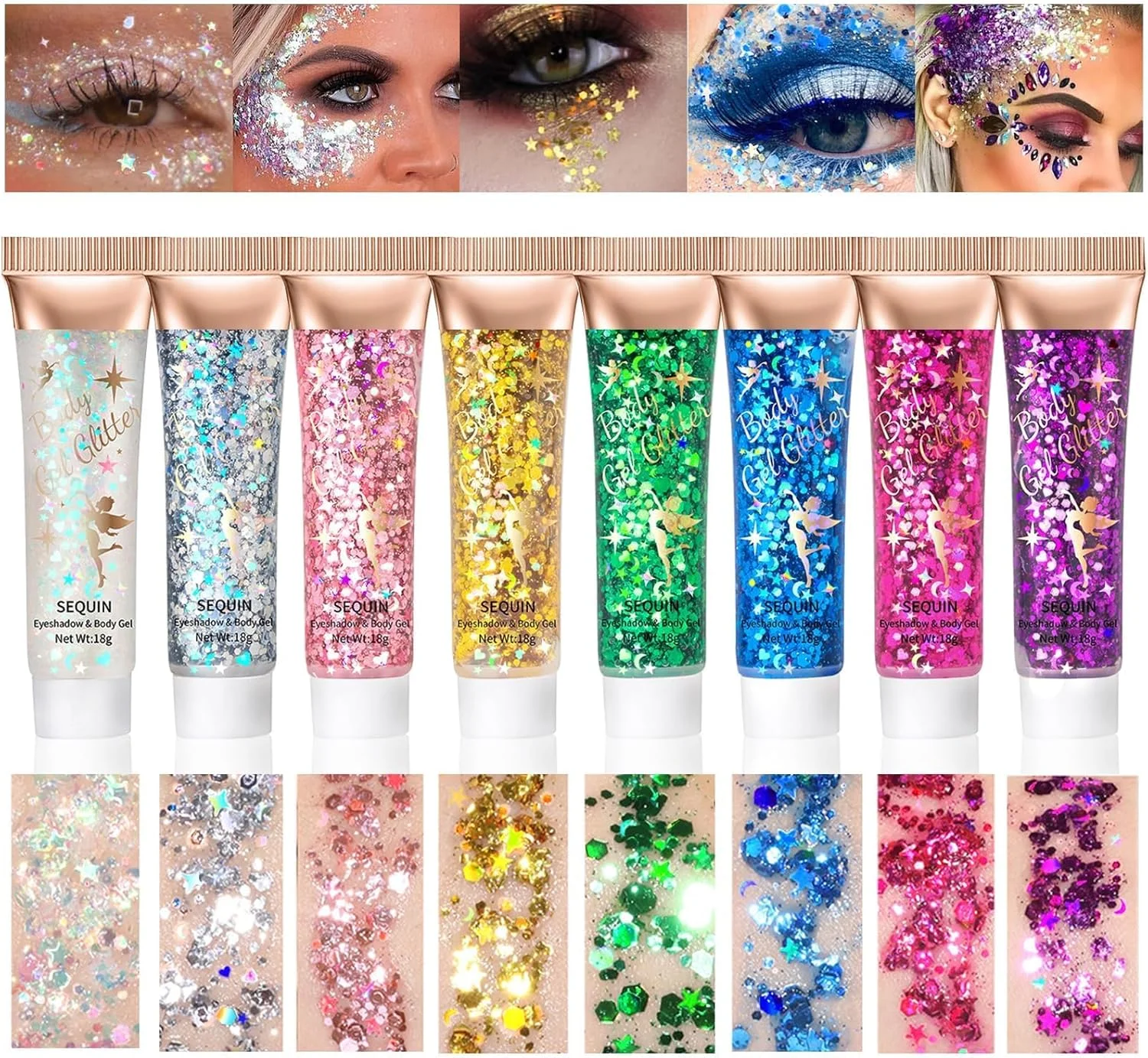 ژل اکلیلی بدن خزنه، 8 رنگ پولک ژل اکلیلی پری دریایی برای چشم لب مو ناخن، ژل اکلیلی درخشان بدن برای زنان و کودکان