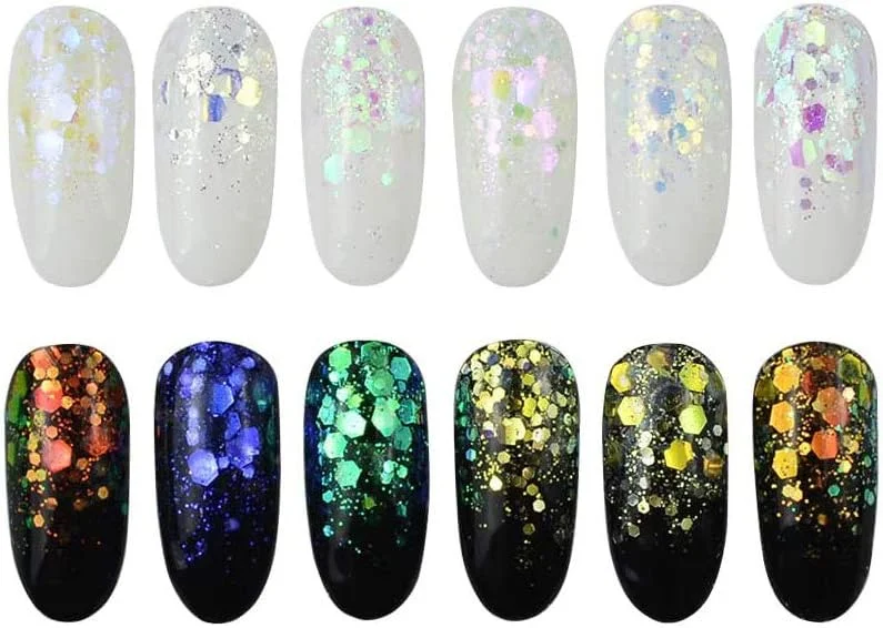 ۱۲ ظرف پولک اکلیلی ناخن، سایزهای مختلف، دانه های برف، درخشان، پالت هنر ناخن