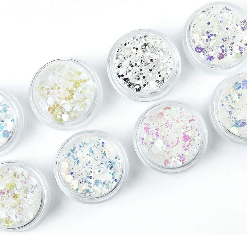 ۱۲ ظرف پولک اکلیلی ناخن، سایزهای مختلف، دانه های برف، درخشان، پالت هنر ناخن