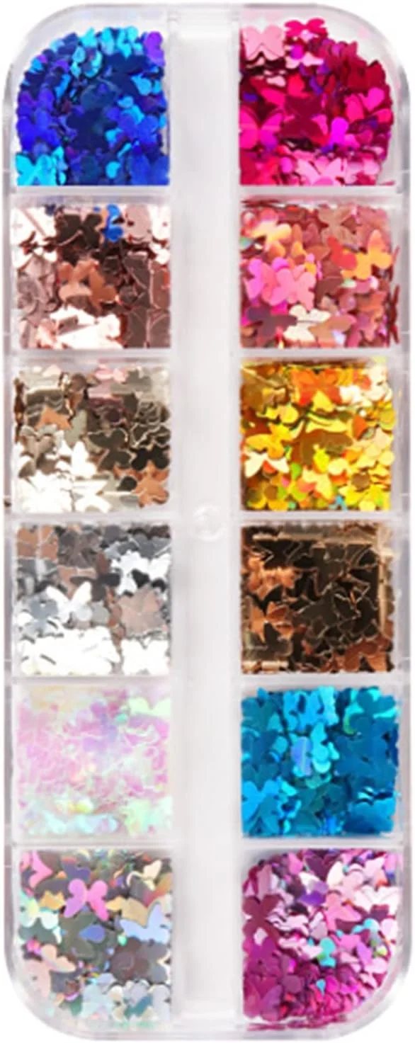 اکلیل پروانه ای ناخن، براق و مناسب طراحی ناخن برای مهمانی، 12 خانه در هر جعبه