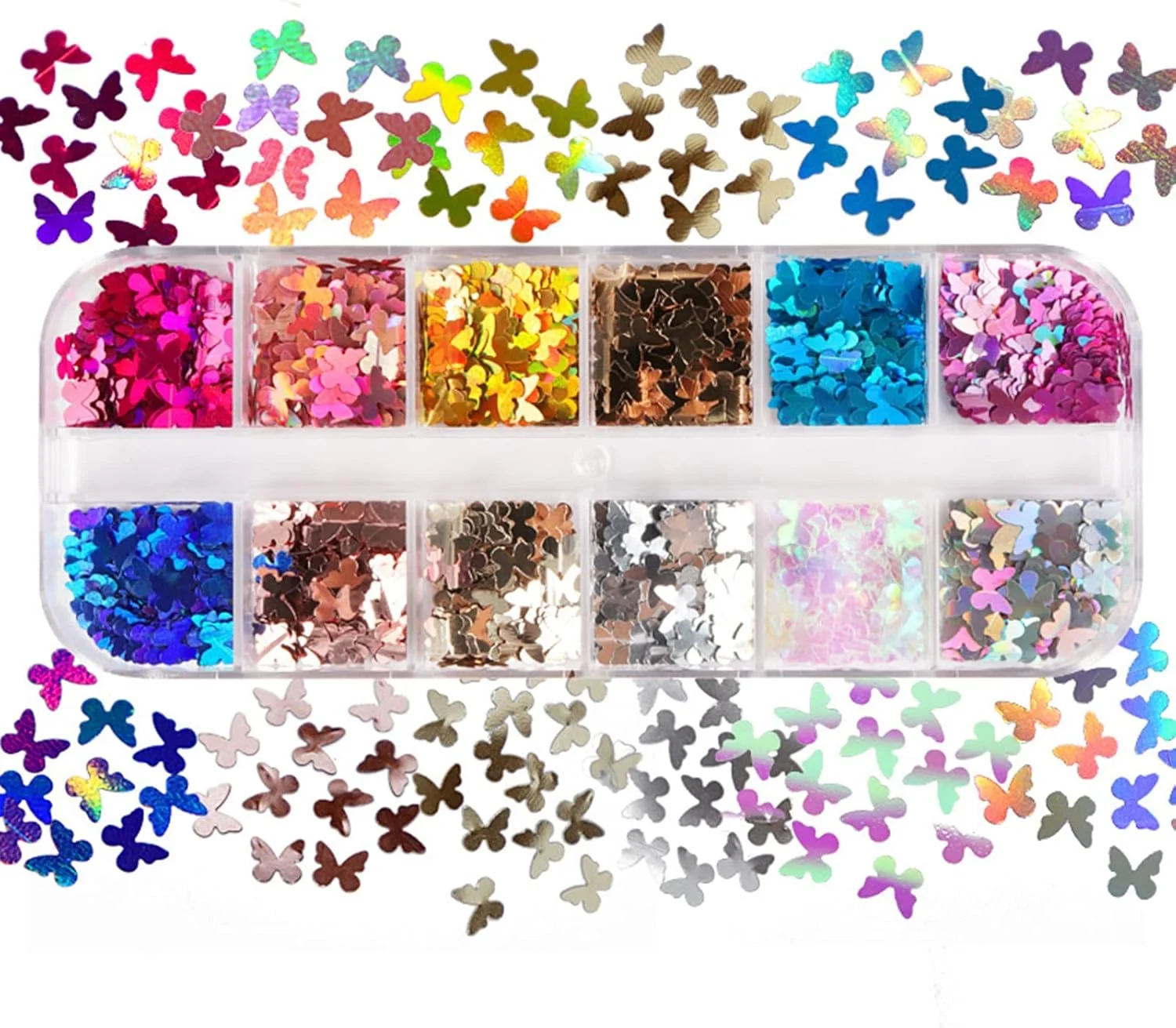 اکلیل پروانه ای ناخن، براق و مناسب طراحی ناخن برای مهمانی، 12 خانه در هر جعبه