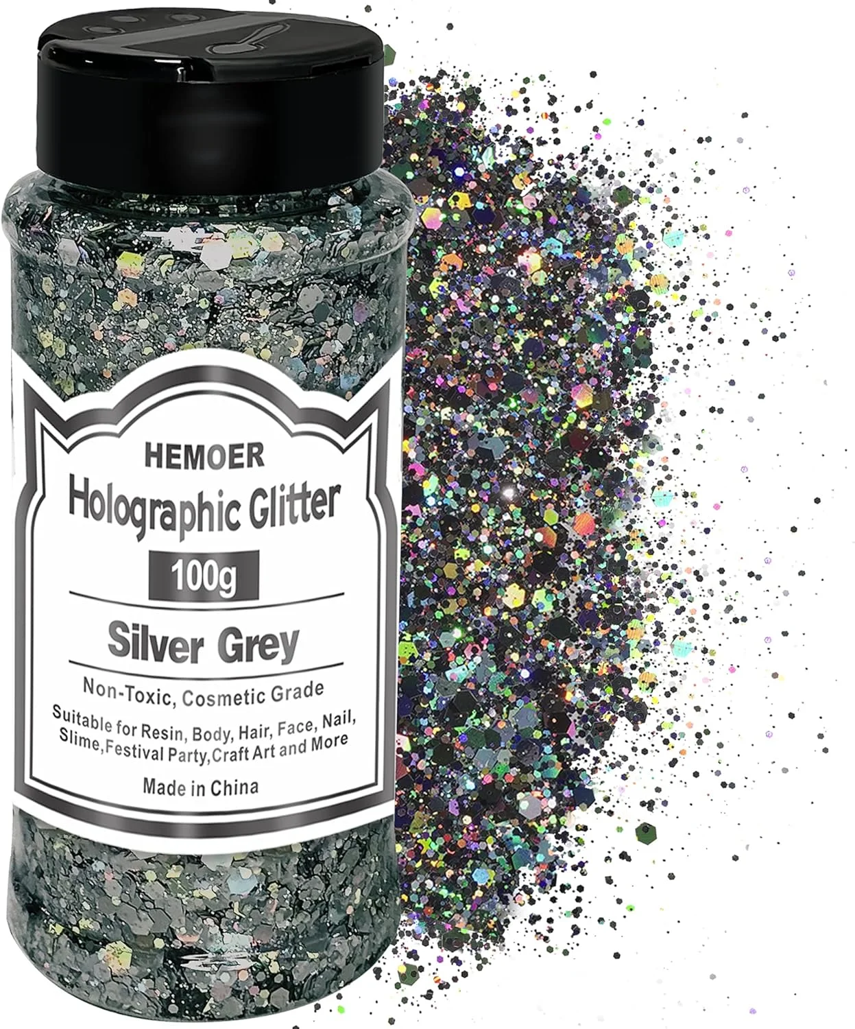 اکلیل هولوگرافیک درشت HEMOER، 100 گرم، پولک های مخلوط شش ضلعی درشت و ظریف مناسب اسلایم، رزین اپوکسی، هنر، بدن، مو، صورت، ناخن، لیوان، مهمانی و جشنواره - خاکستری نقره ای