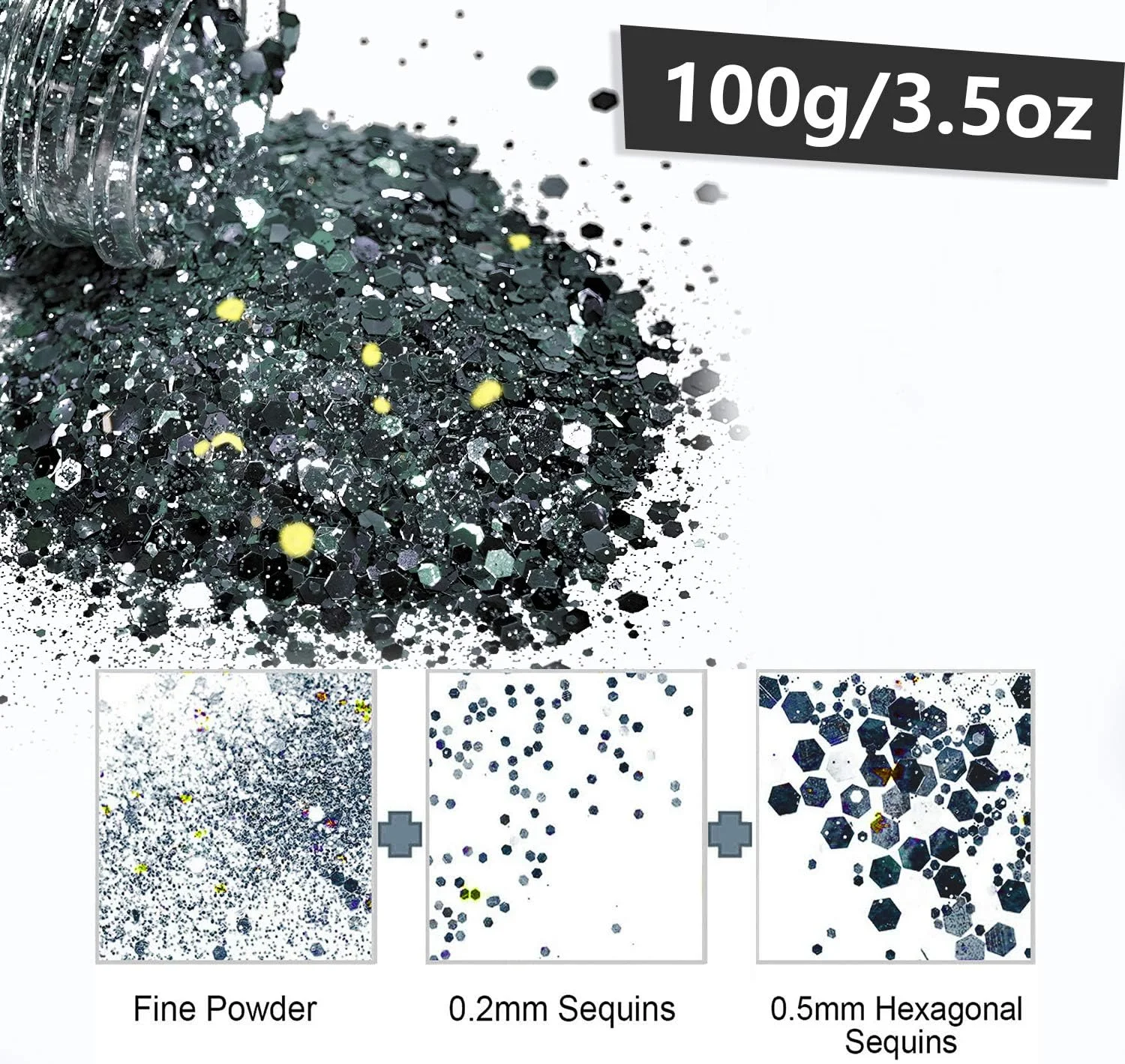 اکلیل هولوگرافیک درشت HEMOER، 100 گرم، پولک های مخلوط شش ضلعی درشت و ظریف مناسب اسلایم، رزین اپوکسی، هنر، بدن، مو، صورت، ناخن، لیوان، مهمانی و جشنواره - خاکستری نقره ای