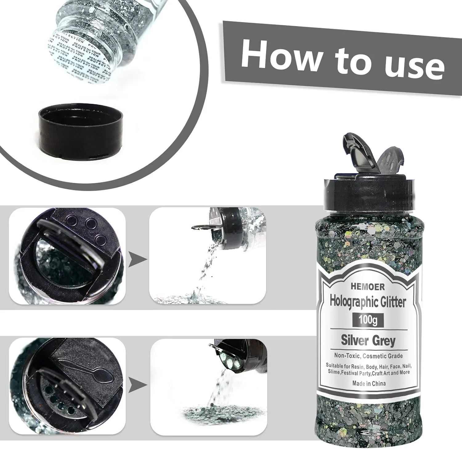 اکلیل هولوگرافیک درشت HEMOER، 100 گرم، پولک های مخلوط شش ضلعی درشت و ظریف مناسب اسلایم، رزین اپوکسی، هنر، بدن، مو، صورت، ناخن، لیوان، مهمانی و جشنواره - خاکستری نقره ای